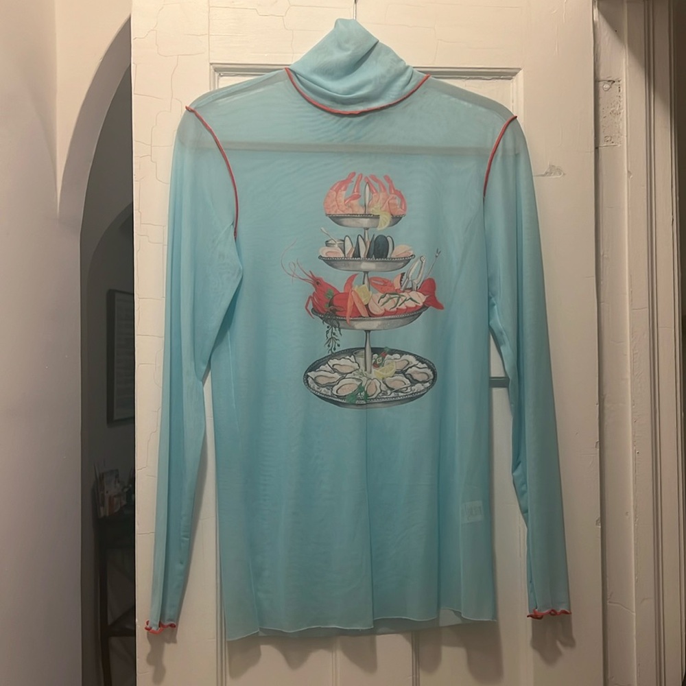 Sheer Blue Long Sleeve Top with Red Accents